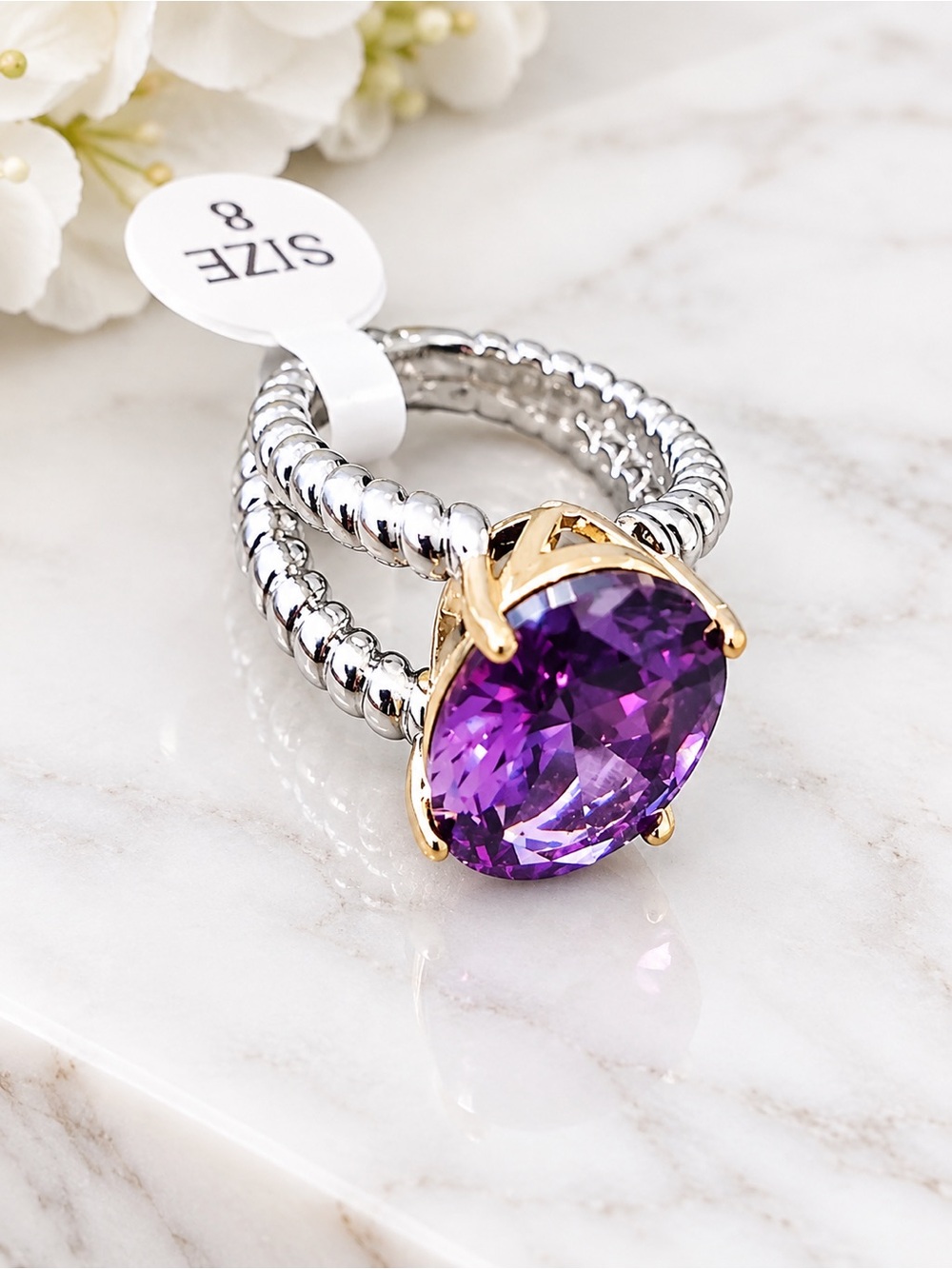 Classic Silver Band Ring with Purple Stone and Gold Prongs - Size 8